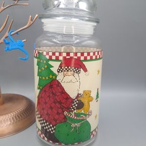 Anchor Hocking Debbie Mumm Santa Glass Jar Christmas Canister Cookie Jar Vintage